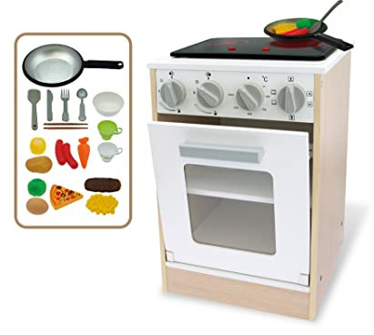 Teorema Giocattoli 40640 - Four de Cuisson en Bois Jouet pour Enfants avec Plaque à Piles Accessoires, Hauteur 40 cm, avec lumières et Effets sonores Marron, Blanc et Gris