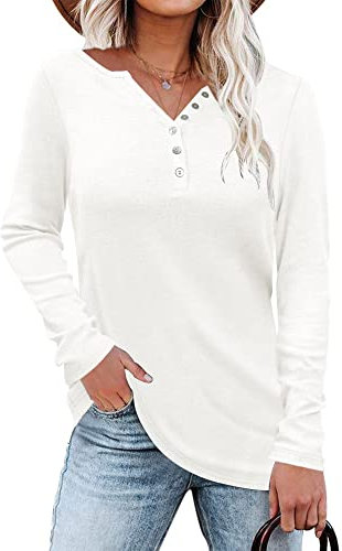 WNEEDU Women's Henley Tops Long Sleeve Button V Neck Shirts Loose T-Shirts Tunic Blouse