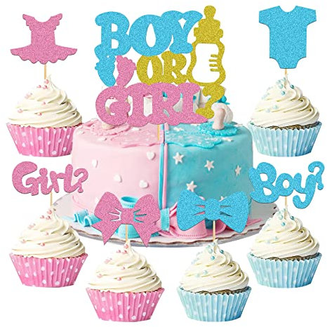 25 Stück Boy or Girl Tortendeko Kuchen Deko Gender Reveal Cupcake Topper Junge oder Mädchen Cake Topper Baby Shower Torte Deko Glitzer Kuchendeko Kindergeburtstag Geburtstag