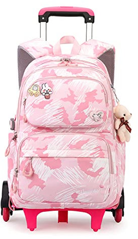 Tanou Mochila con Ruedas Niña, Ligero Mochilas Escolares Infantil con Ruedas, Mochila con Carro para Escolar Viajes, 16 Pulgadas, Graffiti Rosa