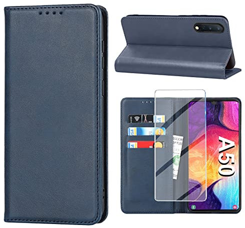 Handyhülle für Samsung Galaxy A50 Hülle mit Panzerglas Schutzfolie, Schutzhülle A50/A30S Leder Wallet Kartenfach Standfunktion Stoßfest Klapphülle Hüllen Galaxy A50 6.4 Zoll Case Klappbar (Blau)