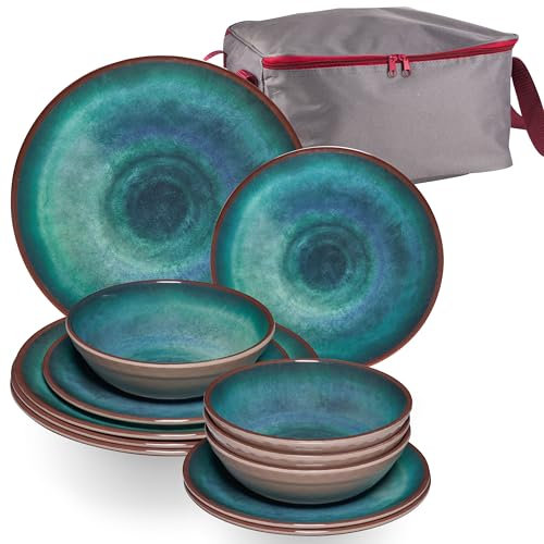 Melamin Camping Geschirr Set für 4 Personen - 13 Teile - blau braun - mit Aufbewahrungstasche - Campinggeschirr