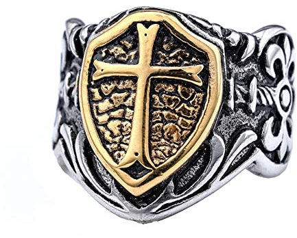 Aruie Bague Chevalière pour Homme en Acier Inoxydable Fleur de Lys Iris Croix Bouclier Plaqué Or Argent Bicolore Vintage Classique Bijoux Taille 59