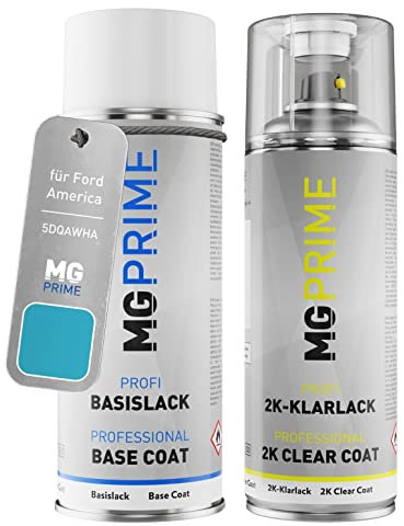 MG PRIME Autolack 2K Spraydosen Set für Ford America 5DQAWHA Gulf Blue Basislack 2 Komponenten Klarlack Sprühdose