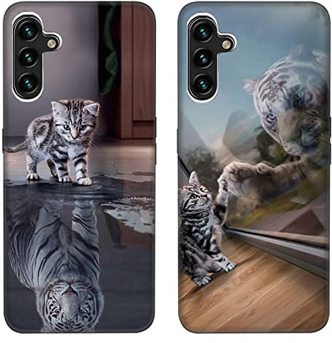 DiaryTown 2 Stück Samsung Galaxy A34 5G Hülle Tier Muster Motiv Handyhülle Ultra Dünn Silikon Schwarz Case Kratzfest Stoßfeste Schutzhülle Microfiber TPU Bumper Cover für Galaxy A34 5G - Katze & Tiger