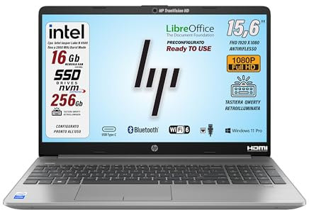 HP 250 G9 silver, Computer portatile, 16 Gb Ram DDR4, 15.6 FHD Intel N4500, SSD m2 pci 256 Gb,Tastiera retroilluminata, Wi-Fi, BT, Lan, Win 11 Pro, Libre Office, Preconfigurato, garanzia Italia