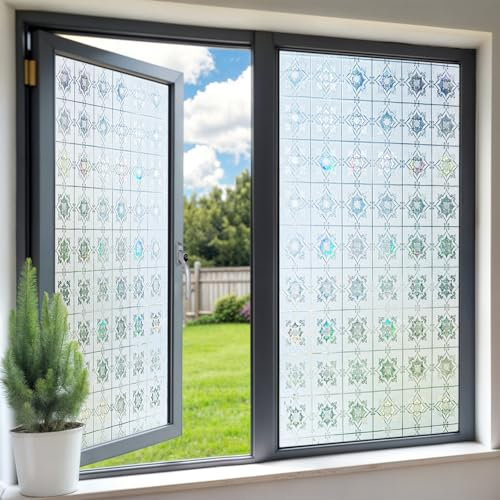 DARUITE Vinilos para Cristales, Las Flores de Luz y Sombra patrón y Efecto Arcoíris Vinilo Adhesivo Cristal Electrostaticos Anti UV Decorativos Vinilo Ventana para Oficinas y Dormitorios(90 x 200CM)