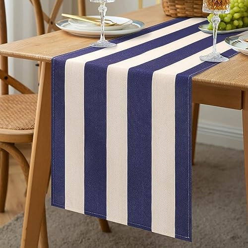 Tischläufer Modern Leinen Klassisch Marineblau Gestreifter Tischdecke Tischläufer Outdoor Waschbar 33x183cm für Esstische Party Hochzeit Bankett Landhausstil