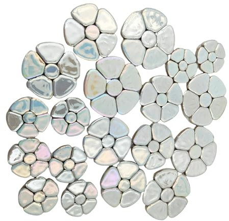 Piastrelle per mosaico in ceramica con fiori iridescenti casuali, 500 g, per lavori fai da te, 3 dimensioni, per opere d'arte, cornici, tazze, vasi di fiori, acquari, vasi, pietre miliari (bianco)