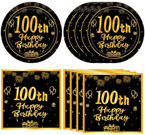 KHAIVI 100th Birthday Decorations: Black Gold Vintage Plates & Napkins Set for Men & Women's 100th Birthday Party Supplies
