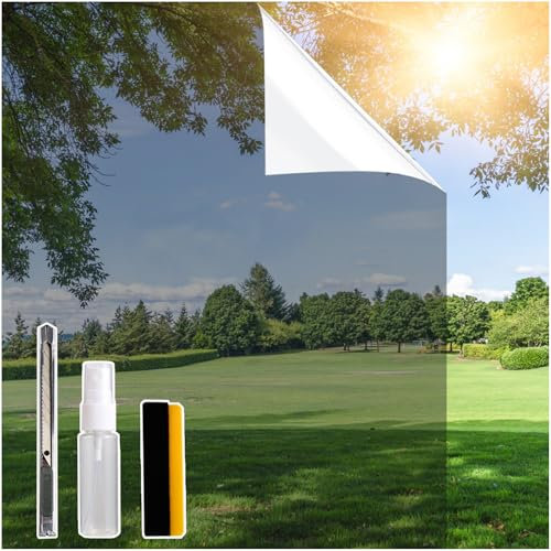 Spiegelfolie Fensterfolie Sichtschutz, Selbsthaftend Sonnenschutz Anti-UV Folie, Fensterfolie Sonnenschutz von innen durchsichtig von aussen Blickdicht (Silber, 115 * 200cm)