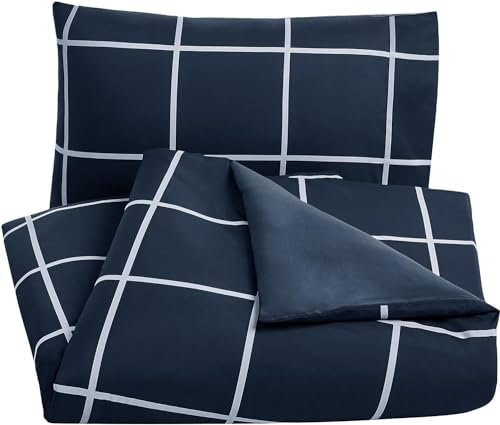 Sonive Mikrofaser Bettbezug-Set – Bettwäsche 155x200cm/Kissenbezug 80x80cmx2, Marineblau Einfaches Karo,ÖKO-TEX Bettwäsche mit Eckbänder