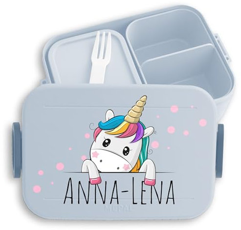 Kinder Bento Box Midi für Mepal Bentobox - Einhörner - Brotbox Einhorn süß Lunchbox Unicorn I - 900 ml - Hellblau - personalisierte brotdose einschulung jausenbox mädchen schule einhörnern