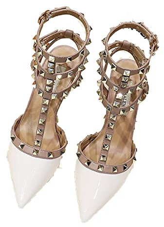 WOilERQ Spitzer Zehenabsatz für Damen, modischer Nieten, niedriger Block, klobige Pumps, mit Nieten besetzt, T-Riemen, Knöchelriemen, Schnalle, Kleid, Sandalen, geschlossene Zehen, klassische,Weiß,38