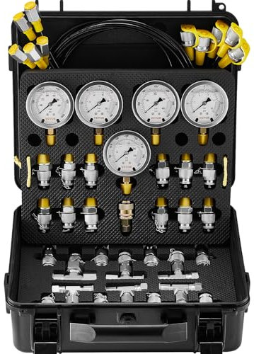 VEVOR Kit de Test de Pression Hydraulique, 10/100/250/400/600 bars, 5 Manomètres, 13 Raccords, 14 Connecteurs en T, 5 Tuyaux, Jauge avec Étui de Transport pour Excavatrices Machines de Construction