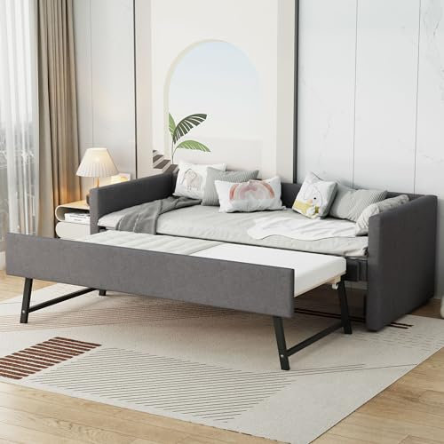 NNJN Tagesbett, Doppelbett, Doppelbett mit klappbaren und hochklappbaren Metallbeinen, schlicht und stilvoll, 90 * 200 cm, Leinen, Grau(Ohne Matratze)