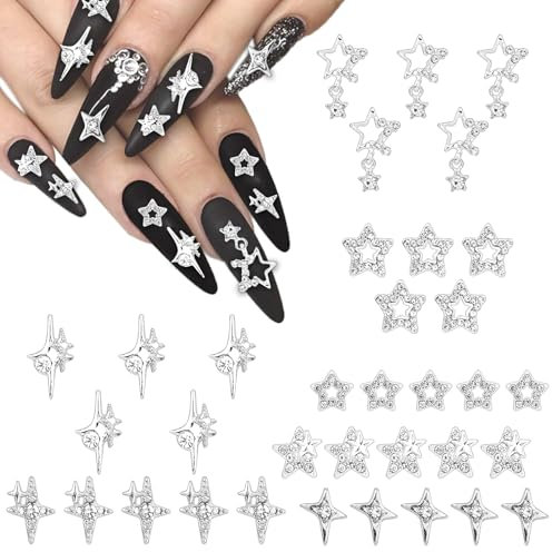 70pcs Silver Star Nail Charms, 7 Styles 3D Crystal Star Nail Charm with Rhinestones Y2K Art Diamond Pentagram Nail Decoration Jewelry for Acrylic Nails DIY Craft