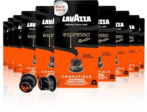 Lavazza Lungo Intenso, Intensives Espresso-Erlebnis mit Noten von Karamell und Schokolade, 10x10 Kapseln, Nespresso kompatibel