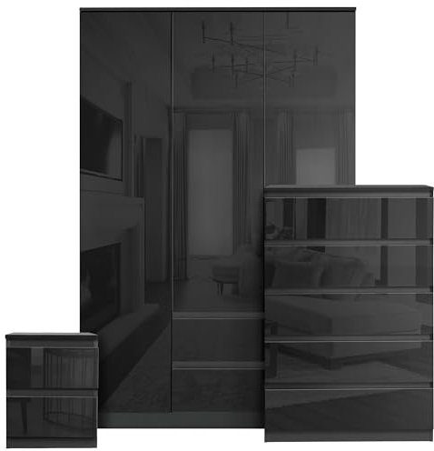 High Gloss Bedroom Wardrobe sets with 3 Door Wardrobe & 5 Drawer Chest of Drawers + 2 Drawer Bedside Table Cabinet Bedroom Set for 3 Piece Bedroom Storage furniture Set, Black