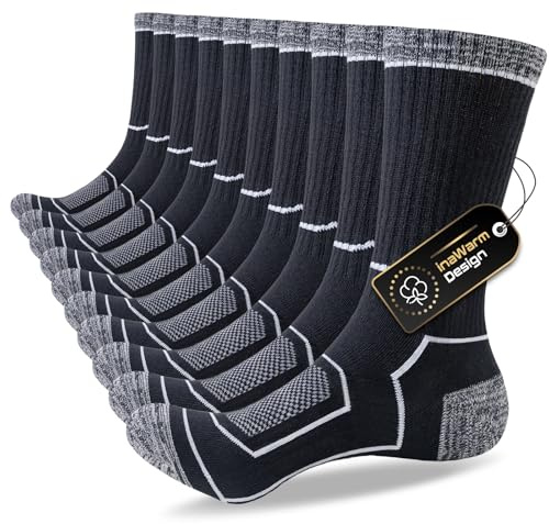 inaWarm Baumwoll Wandersocken Herren, 5 Paar, Atmungsaktiv Gepolstert | 85% Baumwolle mit atmungsaktivem Mesh und Vollpolsterung; Sportsocken für Laufen, Trekking, Wandern und Arbeit