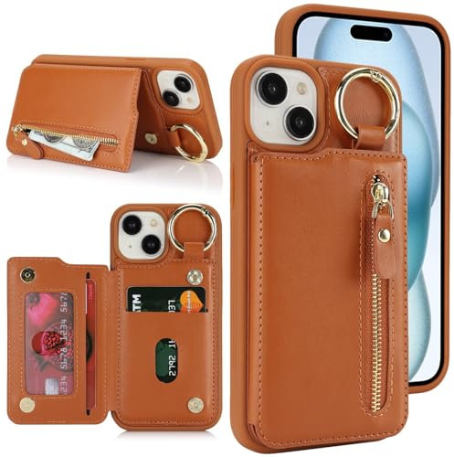 Zouzt for iPhone 15 6.1 Inch Wallet Case with Card Holder for Men Women, PU Leather Kickstand Credit Slots Case, Key Ring Flip Zipper Stand Shockproof Protective Phone Cover - Brown