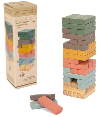 Wooden Blocks Stacking Games, 48PCS Tumbling Stacking Blocks Game for Kids and Families, Wood Colorful Balancing Blocks Montessori Toys for Kids