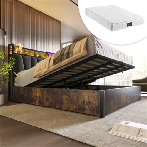 Polsterbett Mit Aufladen USB Ladefunktion Kopfteil Und LED Doppelbett King Size Metallbett LED App-Control Stauraumbett Bettkasten Familienbett Lattenrost Aus Holz Gästebett Grau 160x200 Mit Matratze