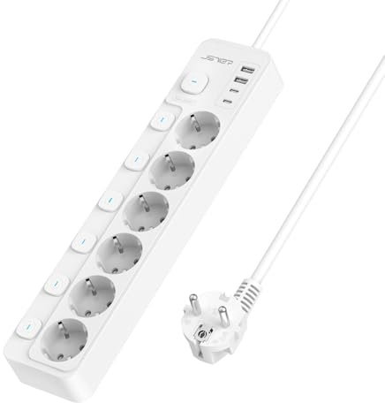 JSVER Regleta con Conmutación Individual, Enchufe Múltiple de 6 Tomas con 2 USB C&2 A, Regleta USB C(3680 W 16 A) para Oficina, Hogar o Viajes, Cable de 2 m