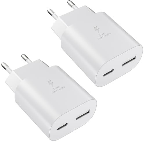 Chargeur USB C, 25W 2Ports USB C Chargeur Rapide PD+QC Chargeur Multi Secteur USB Type C Adaptateur pour Samsung Galaxy s25 S24 S23 s21 S20 s10 A55 A55 A53 A52 A35 A15 A14 A13 A05 (Lot de 2 Blanc)