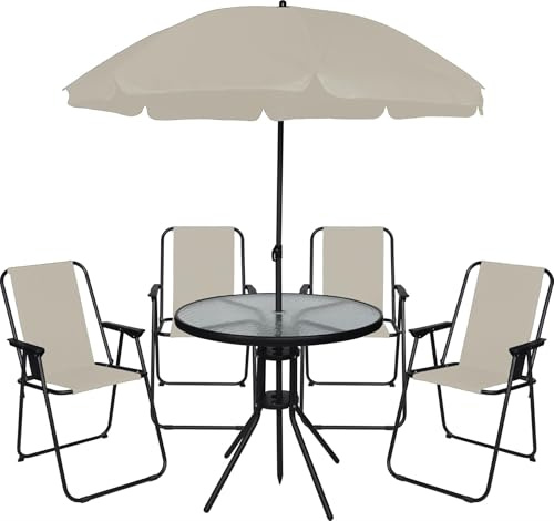 OHS 6 Piece Garden Furniture, Garden Table and Chairs with Matching Parasol 4 Folding Dining Chairs Round Tempered Glass Table Poolside Balcony Outdoor Patio Set, Cream