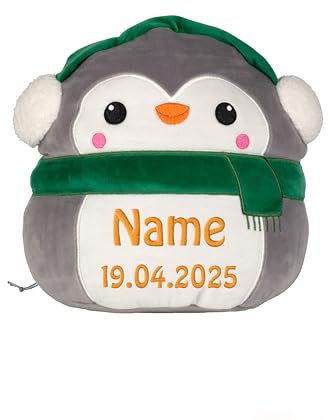 Schnoschi Kuscheltier mit Namen oder Initialen Bestickt, personalisiertes Stofftier, individuelles Schmusetier mit Wunschnamen (Pinguin)