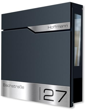 Metzler Briefkasten Anthrazit mit Sichtfenster und Zeitungsfach – Wandbriefkasten mit Namensschild aus Edelstahl personalisiert mit Laser Gravur – Postkasten wasserdicht mit Fenster | Siebert SF