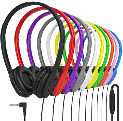 Maeline Bulk Headphones with Microphone, 10 Pack Multicolor Wired On-Ear Headsets – 3.5mm Jack, Leatherette Cushions, Adjustable Headband – for Classrooms, Libraries, Remote Learning, Office