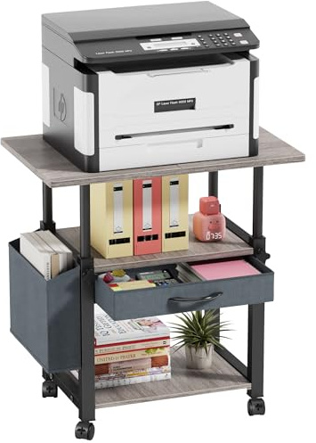 OYRREU 3 Tier Printer Stand on Wheels&Side Bag, Height Adjustable Printer Table with Fabric Drawer Storage, 56x38cm Pinter Shelf for Home Office Organization, fit Fax Scanner/3D Printer, White, Grey