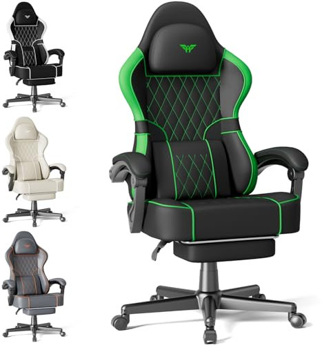 Soontrans Sedia da gioco con massaggio lombare, imbottita, sedia da gioco, ergonomica, con poggiapiedi, in ecopelle, schienale regolabile a 90-160°, poltrona da gioco, 136 kg (nero e verde)