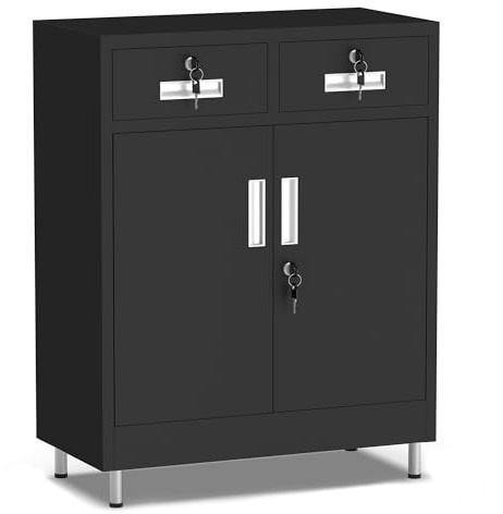 JINGUR Armoire de Rangement en métal Noir avec Portes verrouillables | 2 tiroirs, Étagère réglable, Pour maison, bureau, garage, entrée, garde-manger