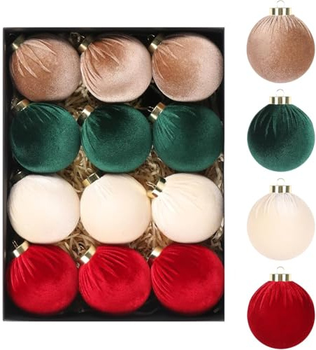 LATERN 12 Stück Samt Weihnachtskugeln, 8CM Beflockt Weihnachtskugeln Bruchsichere Aufhängen Weihnachtsdeko Ball für Weihnachtsbaum Feiertage Zuhause Weihnachts Party Dekoration (4 Farben)