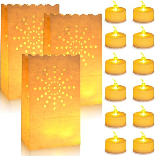 12 Stück LED Teelichter mit Lichttüten 12 Papier Kerzentüten Flammenloses Batterie Kerzen Realistische Elektrische Kerzen Weiß Candle Bags für Hochzeit, Jahrestag Feier, Halloween, Weihnachts (Sonne)