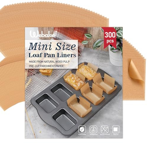 Webake 300pcs Unbleached Parchment Paper Mini Loaf Pan Liners for 8-Cavity, 3.8x2.5, 3x2 mini Banana Bread, Original Precut, Non Toxic Baking Paper