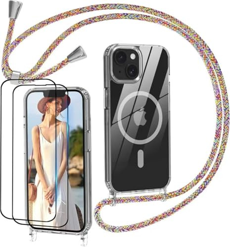 Nupcknn für iPhone 13 Hülle mit Band MagSafe,2 Displayschutzfolien Magnetische Handykette Transparent Handyhülle (Abnehmbar Einstellbar) Necklace zum Umhängen Handy Kette