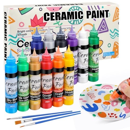 Teokantz Lot de 12 peintures pour porcelaine - 25 ml - Peinture couvrante pour verre et porcelaine - À base d'eau - Peinture céramique pour la cuisson à la maison - Pour tasses, assiettes, tasses en