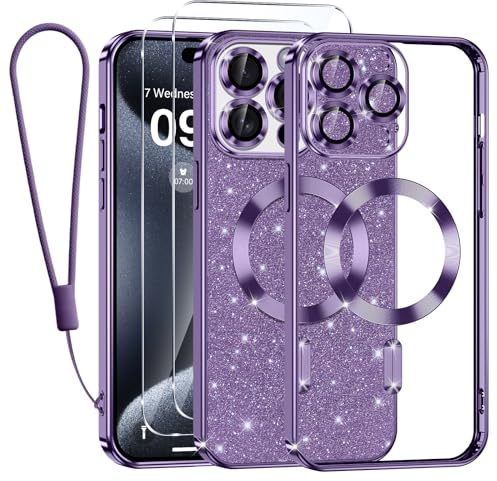 Tikfrlo Glitter Magnetica Cover per iPhone 15 Pro con Cordino, Compatibile con MagSafe, Brillantini Sottile Silicone TPU Antiurto Custodia per iPhone 15 Pro con 2 Vetro Temperato Bumper, Viola