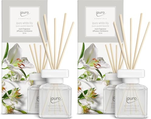 ipuro - Essentials Raumduft White Lily 50ml | Raumerfrischer mit Pfirsich, Maiglöckchen, Jasmin, Nelke, weißem Moschus & Zedernholz Duft Aroma | Diffuser mit Stäbchen | Lufterfrischer für Wohnung