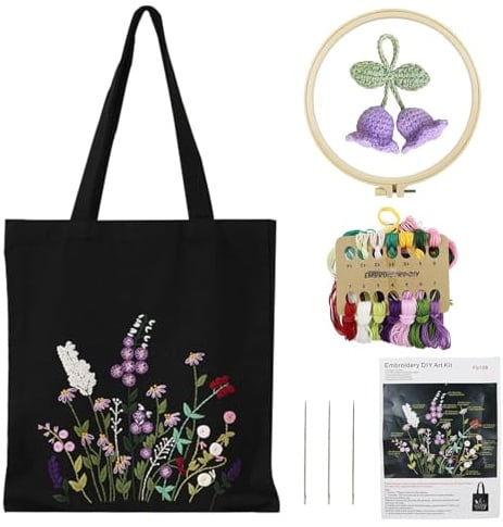Sticken Set Canvas Tragetasche,Stickset für Anfänger,Canvas HandtascheStick | Sticken Erwachsene mit Blumenmuster,mit Werkzeugen und Anleitungen, Perfekt für Anfänger und Bastelfreunde