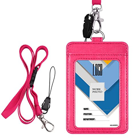 Wisdompro Porte-badges vertical double-face En cuir PU Avec lanière de cou amovible de 58,4 cm, Noir Vertical rose vif