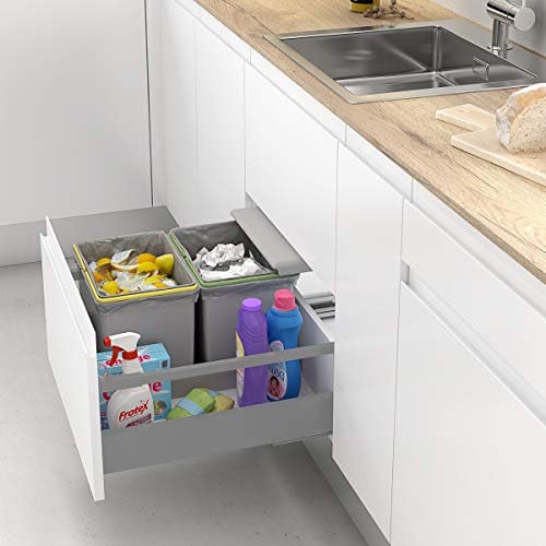 Cubos de Basura y Reciclaje con Tapa automática para cajón de Cocina - 16L + 16L Gris
