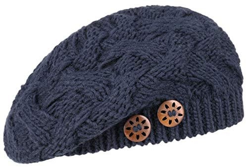 LIERYS Jil Strickbaske mit Knöpfen Made in Germany Französische Damenbaske Strickmütze Schurwolle Damen Herbst Winter dunkelblau One Size