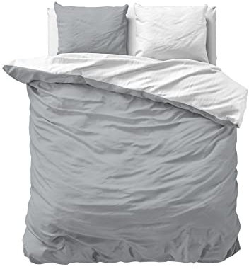 Sleeptime 100% Baumwolle Bettwäsche 200cm x 200cm Weiß/Grau - weich & bügelfrei Bettbezüge mit Reißverschluss - zweifarbiges Bettwäsche Set mit 2 Kissenbezüge 80cm x 80cm