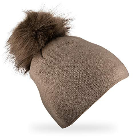 fiebig Strickmütze mit Kunstfell Bommel | Glitzer Mütze aus Wolle mit Fleece-Futter für Damen | Beanie Made in Europe (Taupe)