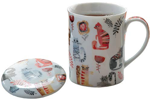 TeaLogic Kräuterteetasse Set Kira - mit Edelstahlfilter I Tea Logic Becher mit Katzen Katze Motiv - im Geschenkkarton - Fine Bone China - 3 tlg. (0,35ml)